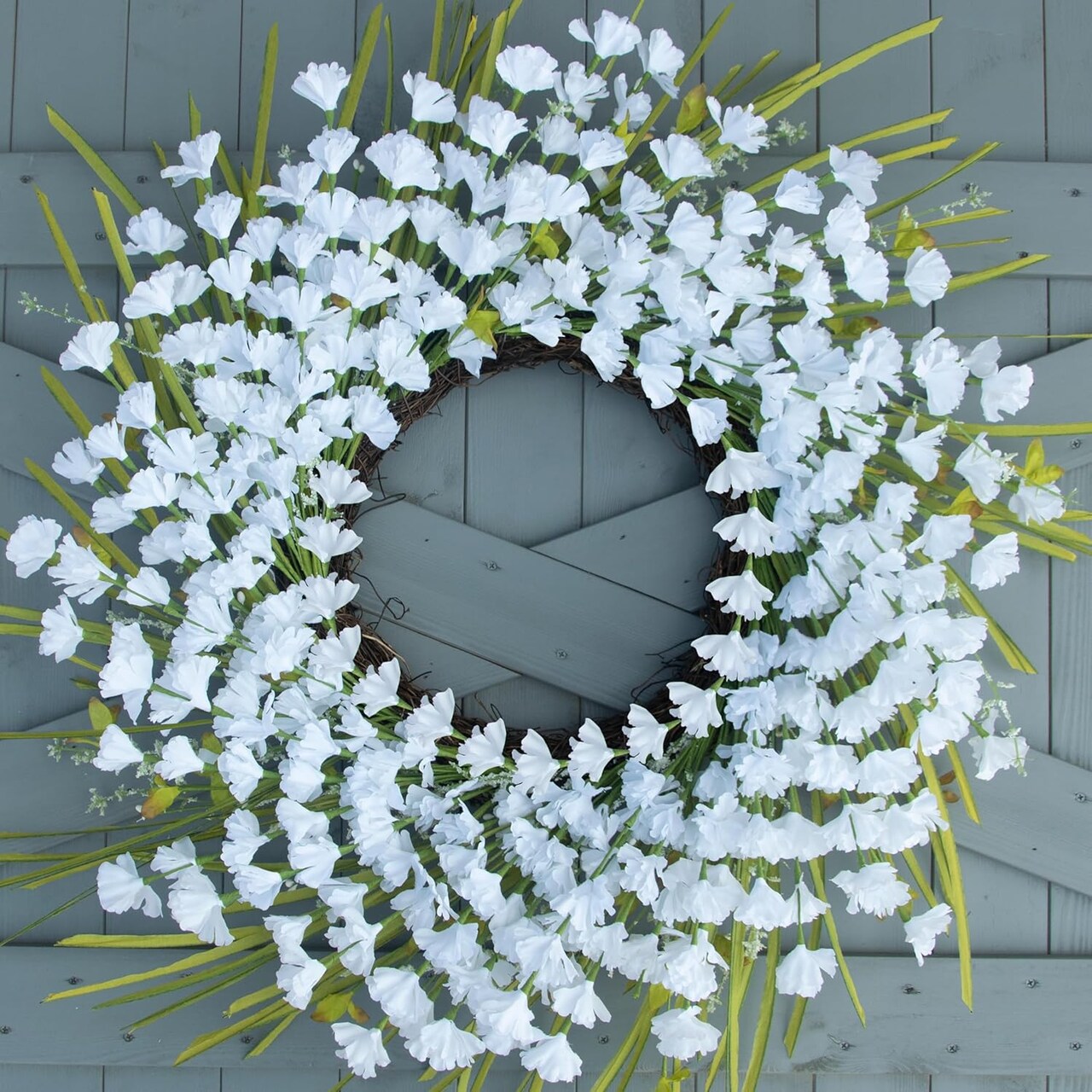 White Summer Wreath 24 Inch Artificial Summer Wreaths for Front Door Summer Floral Wreath with White Flowers Berries for Wall Porch Farmhouse Summertime Holidays